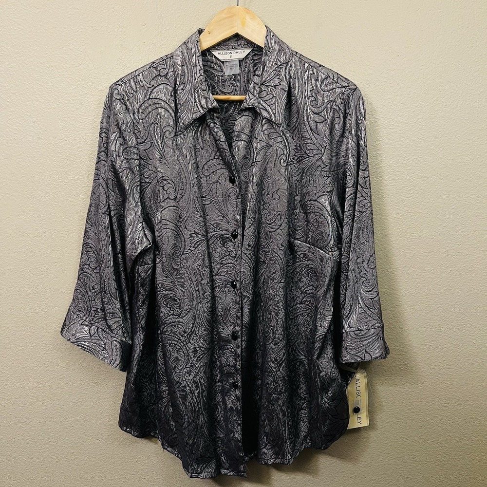 NWT Allison Daley Elegant Button Blouse Black Silver 3/4 Sleeve Event Sz 18